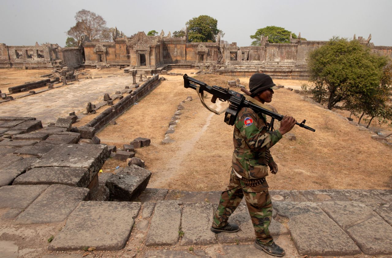 A Cambodian solider guards the grounds of the Preah Vihear temple in Cambodia in 2011.