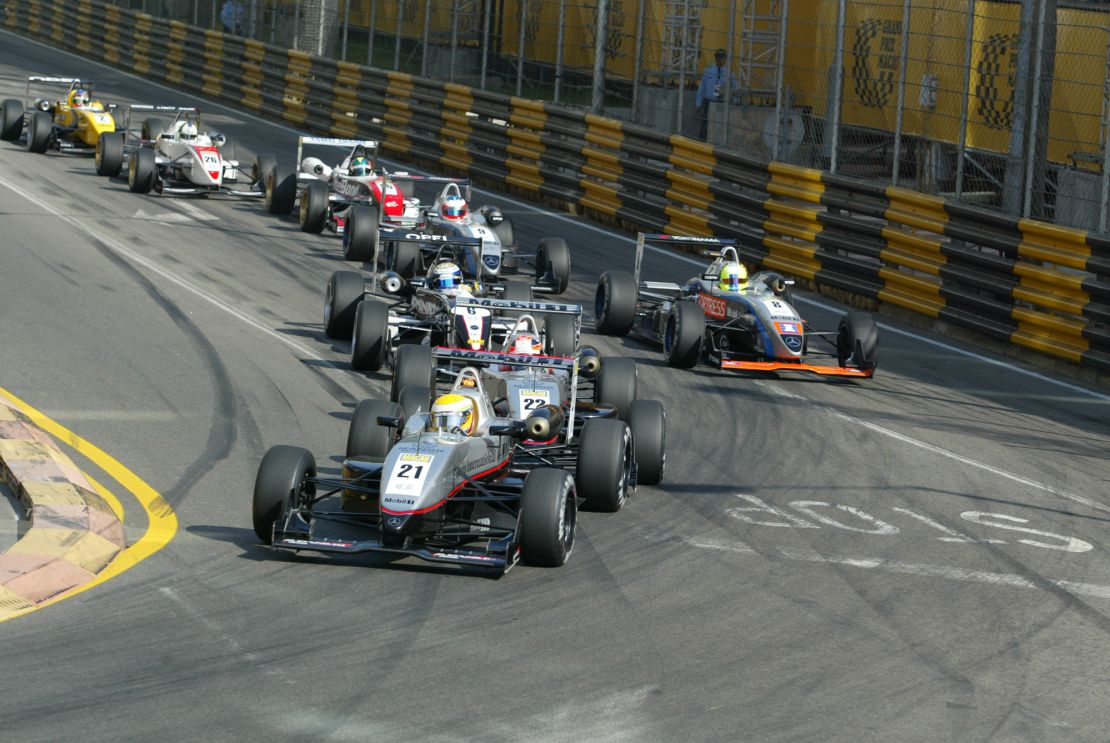 Aged 19, Hamilton leads the Macau Grand Prix while racing in Formula 3 in 2004.