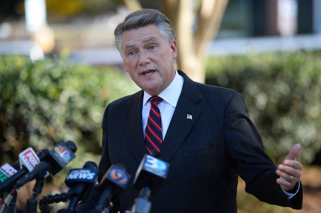 Mark Harris answers questions at a news conference at the Matthews Town Hall in 2018 in Matthews, North Carolina. 