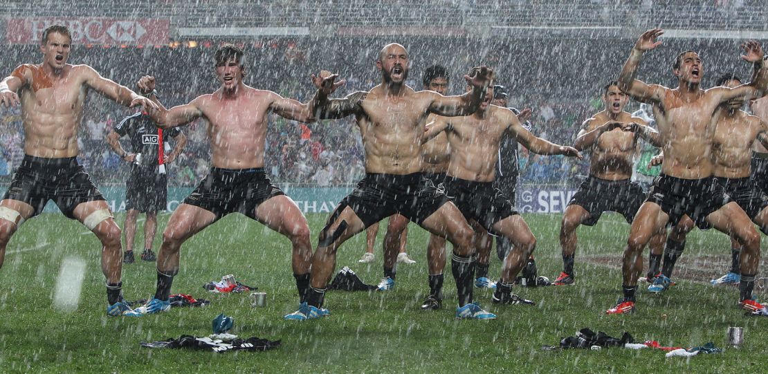 Team New Zealand, led by captain DJ Forbes, perform the Haka to celebrate their win on the final day of the 2014 Hong Kong Rugby Sevens at the Hong Kong Stadium. The dance went viral and became one of the most iconic moments of the Hong Kong Sevens.