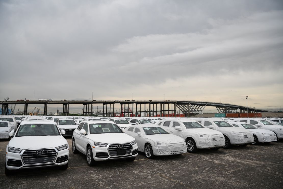 In a 2019 file photo, imported Audi vehicles are parked in a storage yard at the Port of Houston. Auto imports could be hit by a strike on the East and Gulf Coasts scheduled for Tuesday.