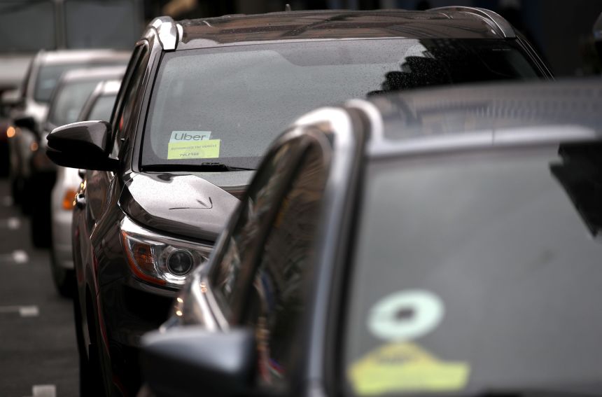 The Uber logo is displayed on a car on March 22, 2019 in San Francisco, California.