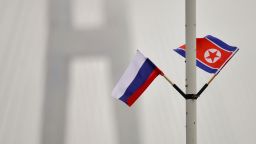Flags of Russia and North Korea are seen fixed on a lamp post on Russky island in the far-eastern Russian port of Vladivostok on April 23, 2019. North Korean leader Kim Jong Un will "soon" visit Russia for his first summit with President Vladimir Putin, North Korea's official KCNA news service reported Tuesday, confirming a Kremlin announcement. (Photo by AFP) (Photo by STR/AFP via Getty Images)          