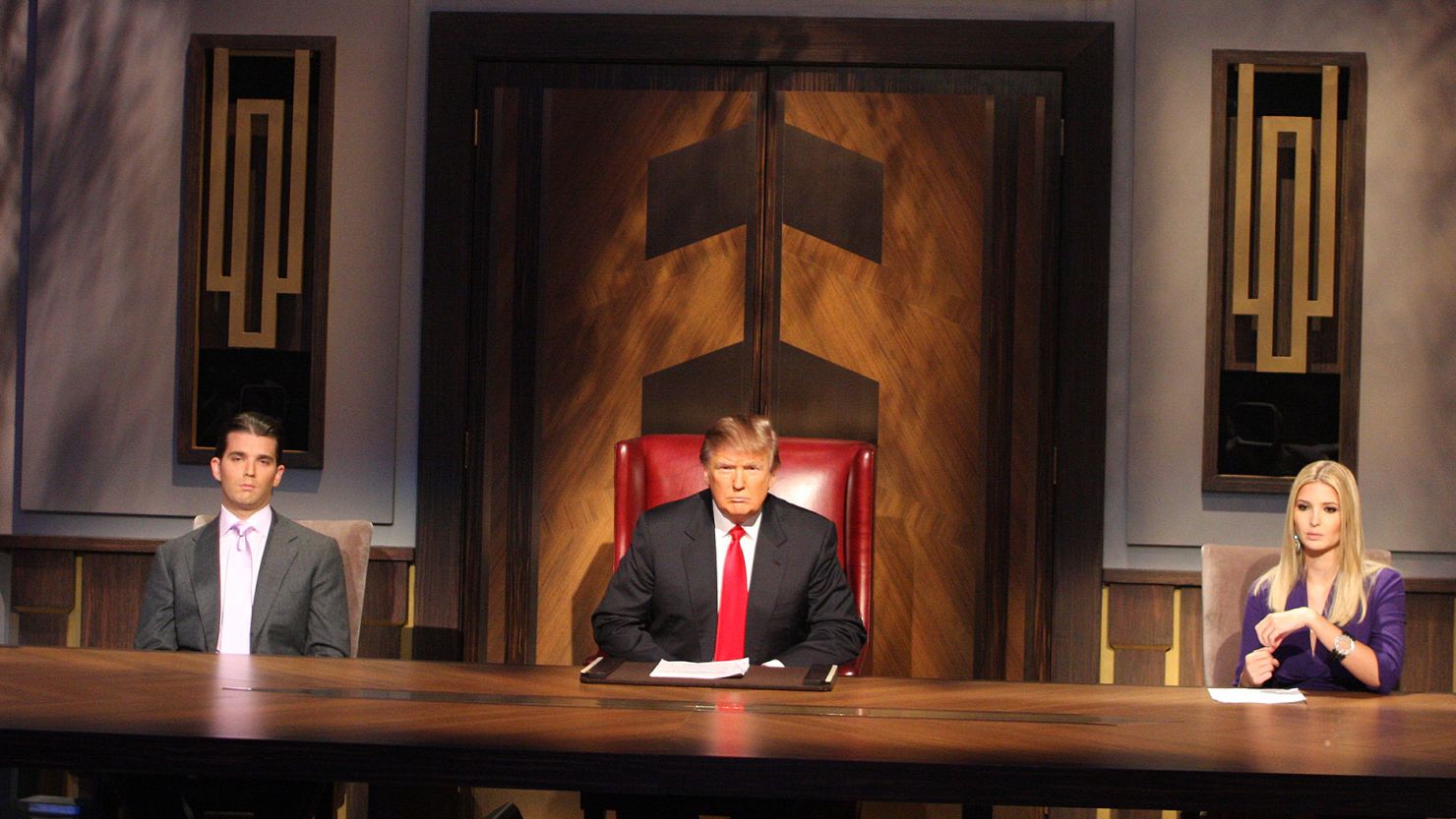 Donald Trump, center, Donald Trump Jr. and Ivanka Trump during the filming of the live final tv episode of The Celebrity Apprentice on May 10 2009 in New York City.