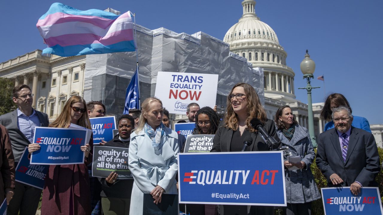 WASHINGTON, DC - APRIL 01: Sarah McBride, National Press Secretary of the Human Rights Collation speaks about the introduction of the Equality Act, a comprehensive LGBTQ non-discrimination bill at the US Capitol on April 1, 2019 in Washington, DC. Ahead of International Transgender Day of Visibility, a bipartisan majority in the US House voted in favor of a resolution opposing the Trump-Pence discriminatory ban on transgender troops. (Photo by Tasos Katopodis/Getty Images)