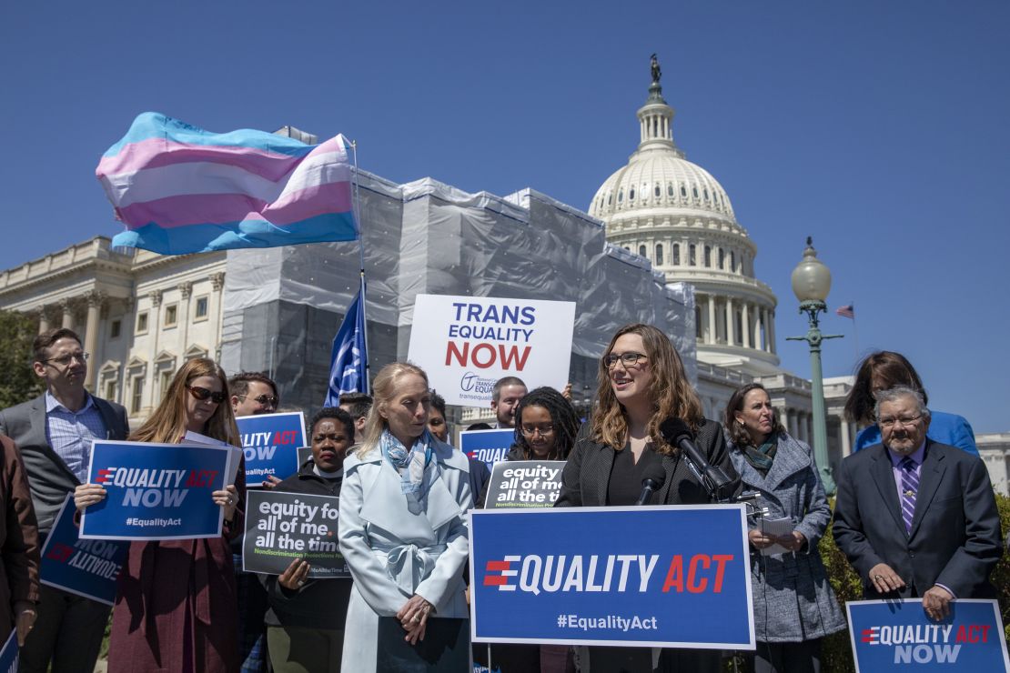 Sarah McBride speaks about the introduction of the Equality Act, a comprehensive LGBTQ non-discrimination bill, at the US Capitol on April 1, 2019 in Washington, DC.