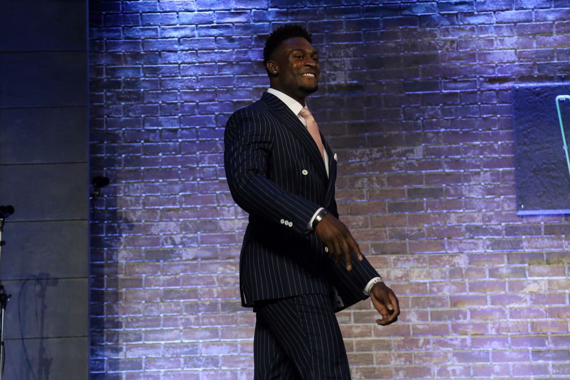 NASHVILLE, TN - APRIL 25: Ole Miss wide receiver D.K. Metcalf is introduced before the first round of the 2019 NFL Draft on April 25, 2019, at the Draft Main Stage on Lower Broadway in downtown Nashville, TN. (Photo by Michael Wade/Icon Sportswire via Getty Images)