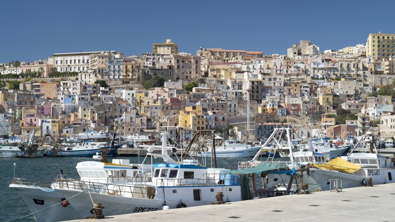 SICILY, ITALY:  Fishing trawlers in Sciacca Port with the town behind,  south coast of Sicily, Italy.. (Photo by Tim Graham/Getty Images)