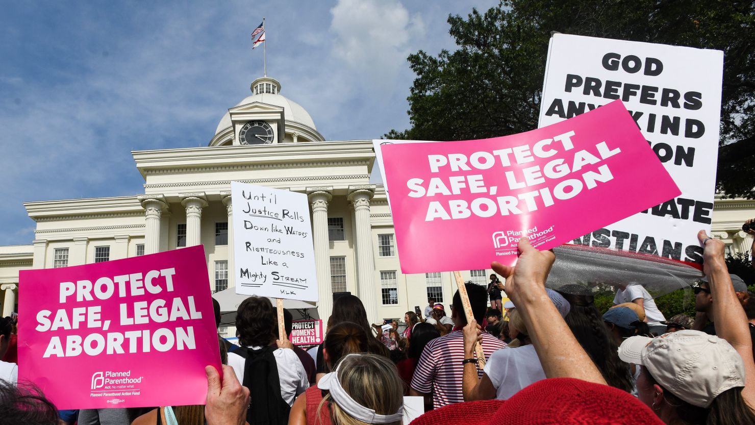 Protesters participate in a rally against an abortion ban on May 19, 2019, in Montgomery, Alabama.
