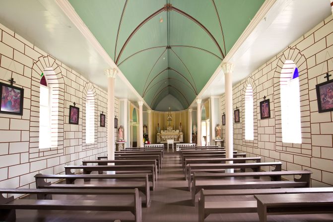 <strong>Places of worship: </strong>This is the Philomena Church in Kalaupapa, which is located on the island of Molokaʻi. The church, used for Catholic services, started as a small wooden building in 1872, had improvements over the decades and was restored in 2009 by the National Park Service.
