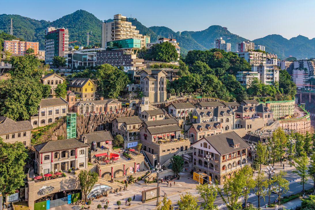 Longmenhao Old Street and city buildings in the hills in Chongqing.