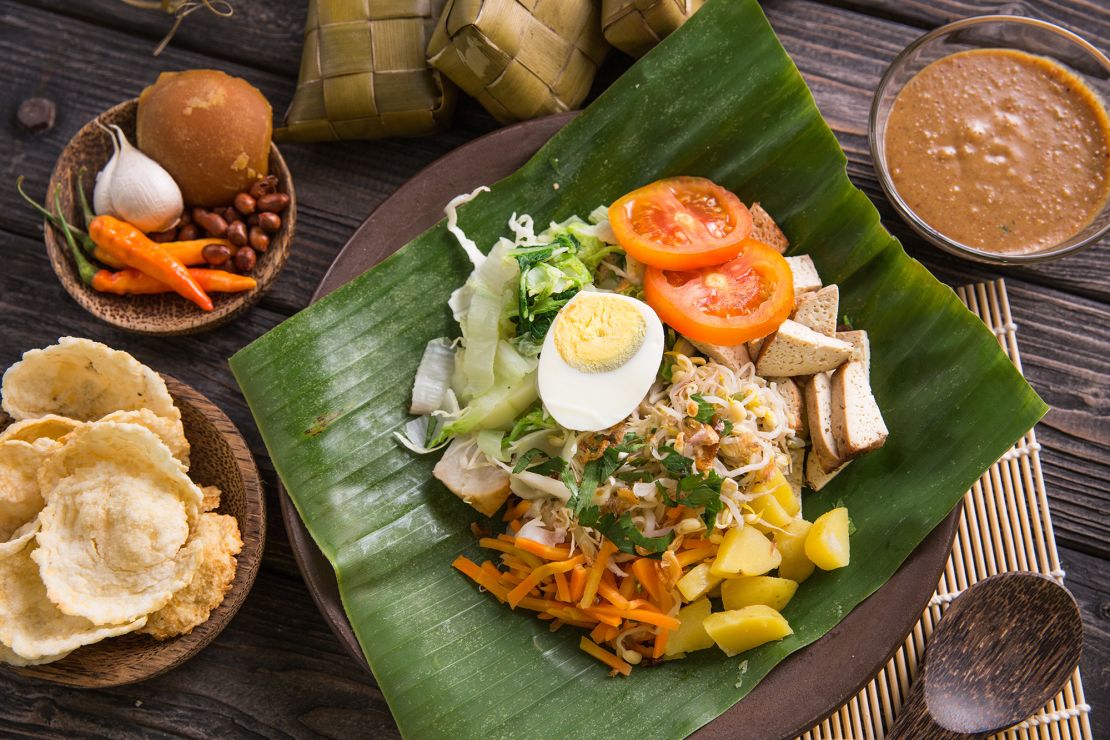This sweet-salty-sour salad features vegetables dressed in a peanut sauce.