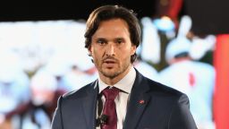 Jake Wood speaks on stage during an event held for veterans and their service to community in New York on May 1, 2019.