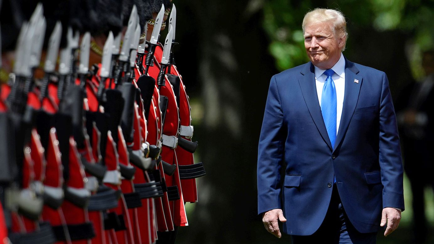 President Donald Trump inspects a guard of honor at Buckingham Palace during his last official state visit to the UK in 2019.