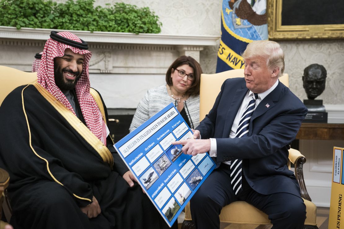 President Donald Trump shows off posters as he talks with Crown Prince Mohammed bin Salman during an Oval Office meeting on March 20, 2018, in Washington, DC.