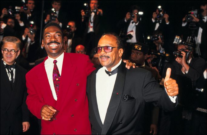 Eddie Murphy and Jones pose for photos in Cannes, France, in 1991.