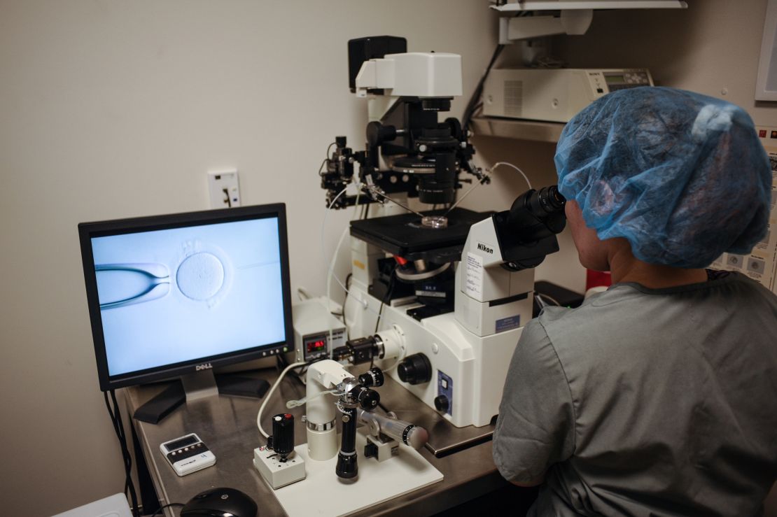 An embryologist is at work at the Virginia Center for Reproductive Medicine on June 12, 2019.