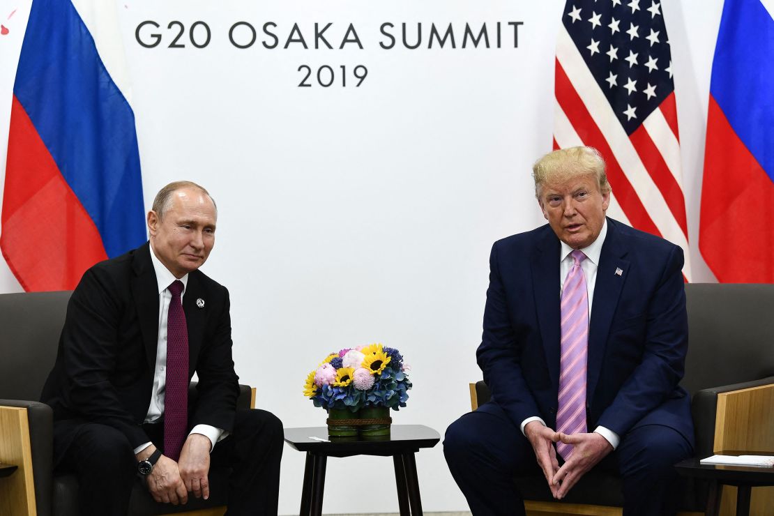 Then-President Trump meets Russian President Vladimir Putin at the G20 summit in Osaka, Japan, on June 28, 2019.