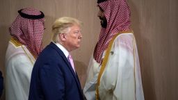 TOPSHOT - US President Donald Trump and Saudi Arabia's Crown Prince Mohammed Bin Salman (R) arrive for a meeting on "World Economy" at the G20 Summit in Osaka on June 28, 2019. (Photo by Eliot BLONDET / POOL / AFP)        (Photo credit should read ELIOT BLONDET/AFP via Getty Images)