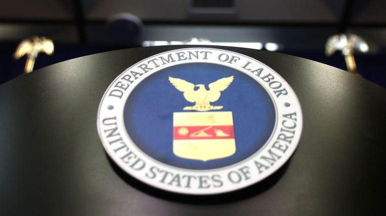 The US Department of Labor seal is seen on a podium in Washington, DC, in 2019.