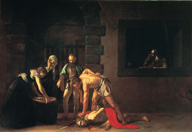 <br /><br />This masterpiece hangs in St. John's Co-Cathedral and is the only known signed work by Caravaggio, a former Knight of Malta.