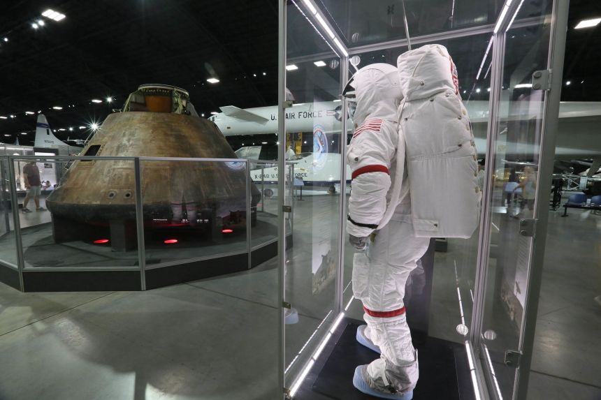 The Apollo model A7LB spacesuit made for the moonwalking is seen at the Space Gallery of the National Museum of the US Air Force in Dayton, Ohio, on August 4, 2019.  The museum is currently closed due to the government shutdown.