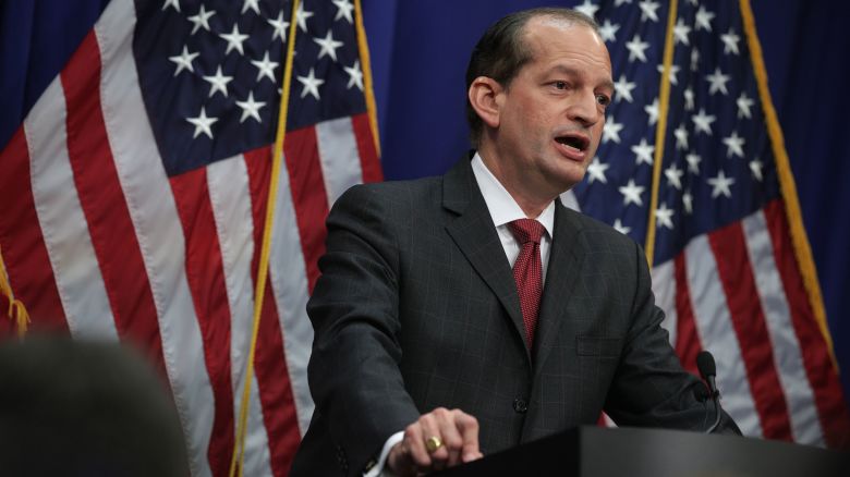 Then-Secretary of Labor Alex Acosta speaks discusses his role in the Jeffrey Epstein case, in Washington, DC, on July 10, 2019.
