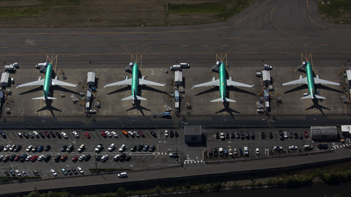 Boeing 737 MAX airplanes are seen parked at a Boeing facility on August 13, 2019 in Renton, Washington.