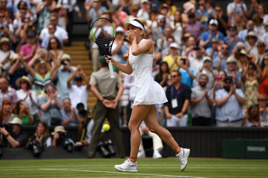 Halep celebrates winning the Wimbledon title in 2019.