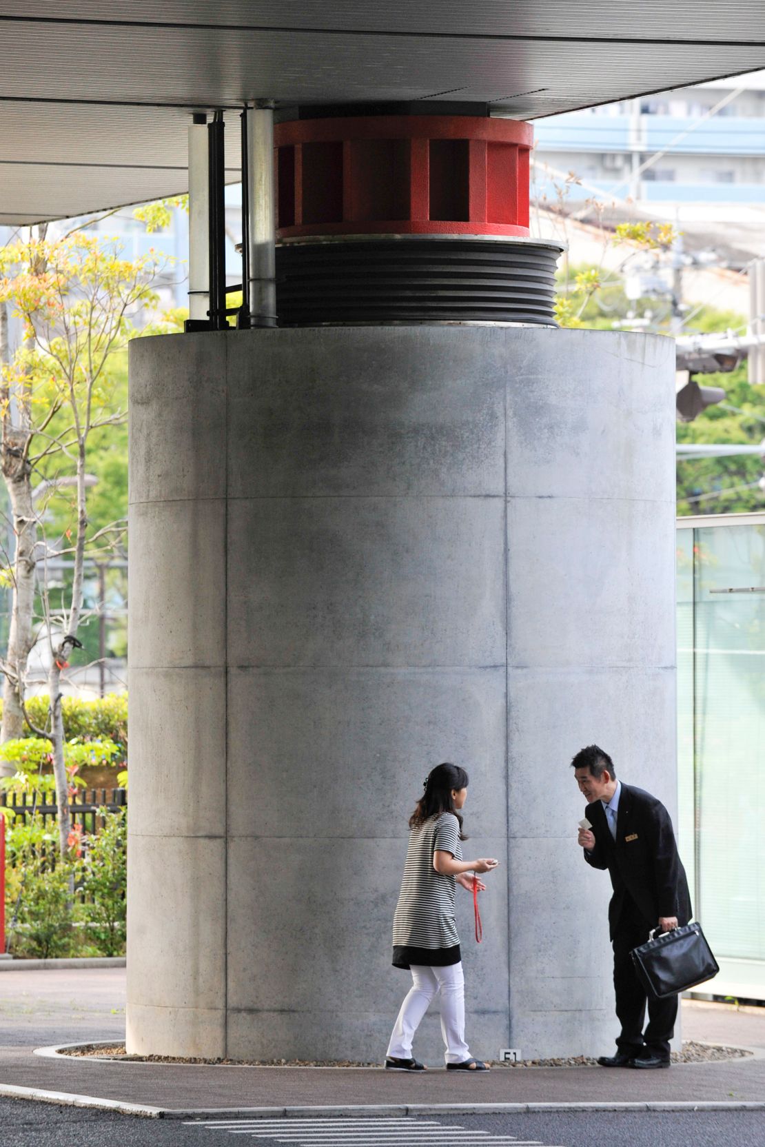 A seismic isolation system on a column-head at the engineering firm Shimizu Corporation's research facility in Tokyo, Japan.