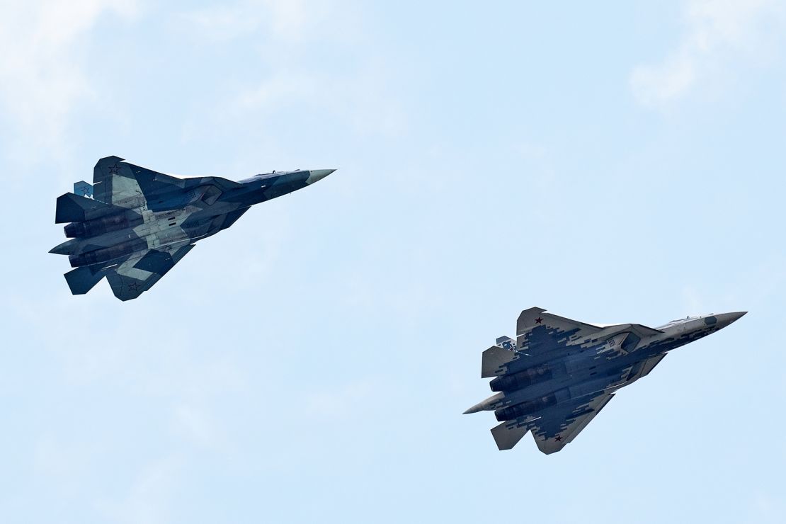 Sukhoi Su-57 fighter jets take part in a flight demonstration in Zhukovskiy, Russia on August 27, 2019.