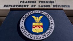 The U.S. Department of Labor seal hangs on a podium outside the headquarters in Washington, D.C., U.S., on Thursday, Aug. 29, 2019.