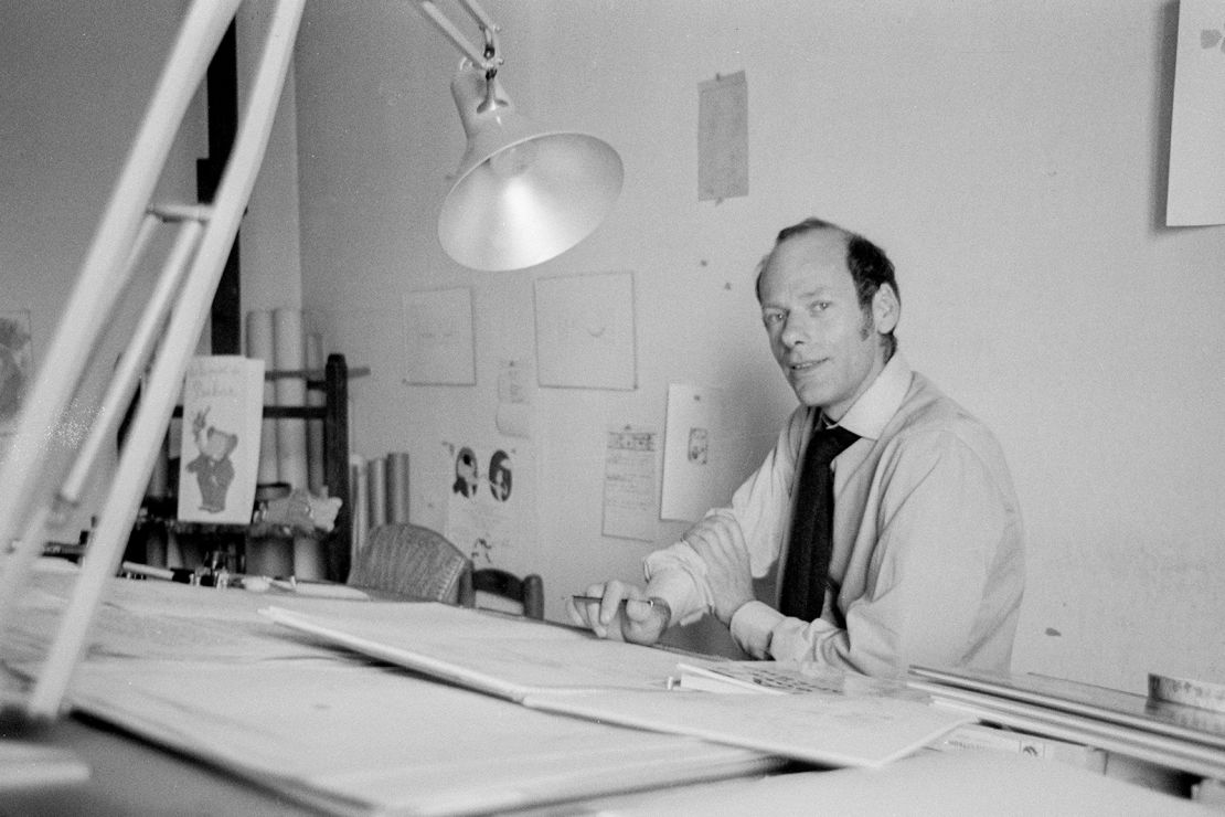Children's author and illustrator Laurent de Brunhoff working at his home during a BBC television interview in 1969.