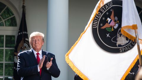 WASHINGTON, DC - AUGUST 29 : President Donald J. Trump looks as a flag is revealed during a ceremony to establish the U.S. Space Command in the Rose Garden in the Rose Garden at the White House on Thursday, Aug 29, 2019 in Washington, DC. (Photo by Jabin Botsford/The Washington Post via Getty Images)