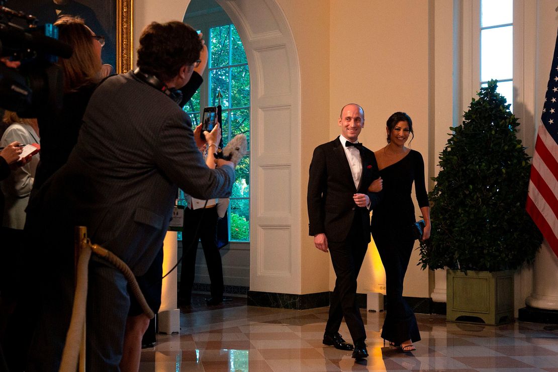 White House Senior Advisor Stephen Miller (L) and Katie Waldman arrive in the Booksellers area of the White House to attend an Official Visit with a State Dinner honoring Australian Prime Minister Scott Morrison, in Washington, DC, on September 20, 2019.