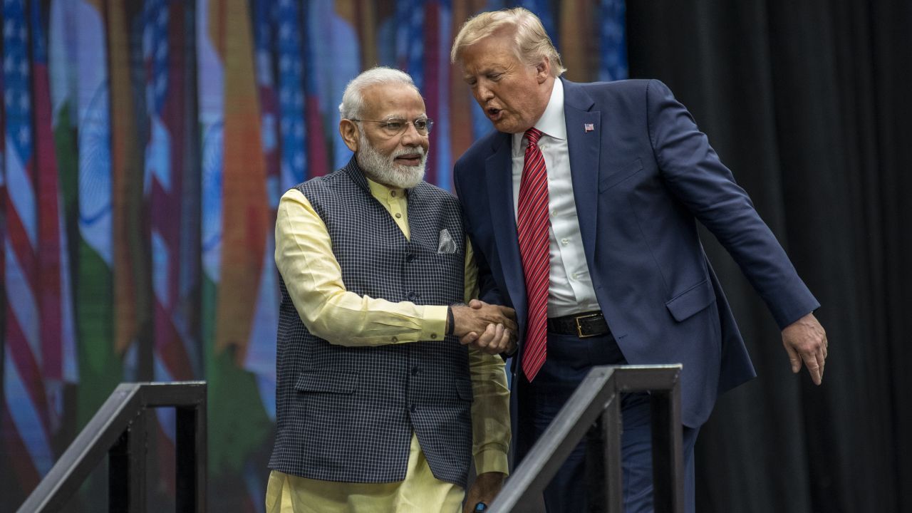 Indian Prime Minster Narendra Modi and U.S. President Donald Trump leave the stage at NRG Stadium after a rally on September 22, 2019 in Houston, Texas. The rally was expected to draw tens of thousands of Indian-Americans and comes ahead of Modi's trip to New York for the United Nations General Assembly.