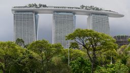 The Marina Bay Sands hotel and resort is seen past greenery in Singapore on October 4, 2019.