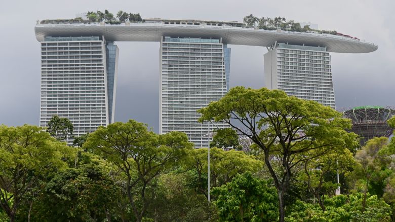 The Marina Bay Sands hotel and resort is seen past greenery in Singapore on October 4, 2019.