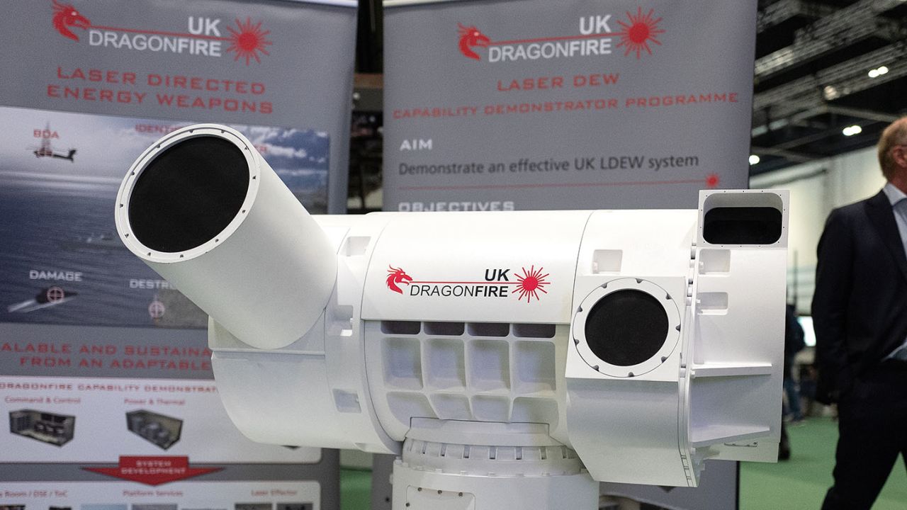 LONDON, ENGLAND - SEPTEMBER 10: A UK Dragonfire laser directed energy weapon system is seen on day one of the DSEI arms fair at ExCel on September 10, 2019 in London, England. The biennial Defence and Security Equipment International (DSEI) is the world's largest arms fair and is held in London's Docklands area.  (Photo by Leon Neal/Getty Images)