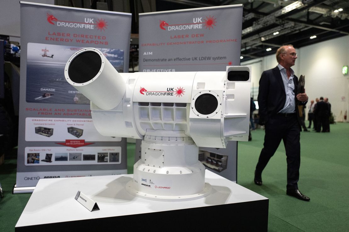 A UK Dragonfire laser directed energy weapon system at the DSEI arms fair at ExCel on September 10, 2019 in London, England.