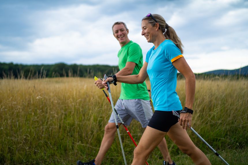 Nordic walking burns more calories than regular strolls and engages your lower and upper body.