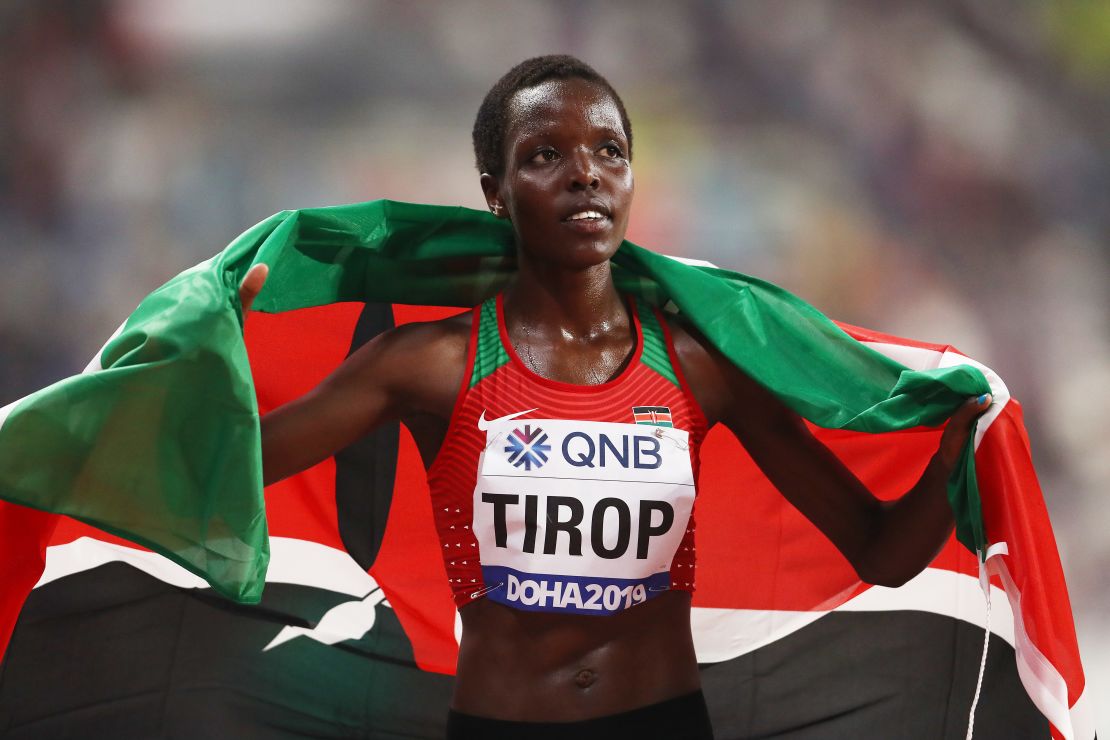 DOHA, QATAR - SEPTEMBER 28: Agnes Jebet Tirop of Kenya celebrates winning bronze in the Women's 10,000 Metres final during day two of 17th IAAF World Athletics Championships Doha 2019 at Khalifa International Stadium on September 28, 2019 in Doha, Qatar. (Photo by Alexander Hassenstein/Getty Images for IAAF)