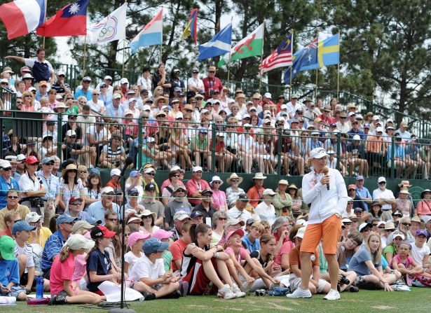 Sorenstam speaks during a clinic at the U.S. Women's Open in Colorado, 2011. As for where she would like to see women's golf a few decades from now: "more coverage on TV, bigger purses and more competitions," she said, "and just getting the recognition I think many of them deserve."