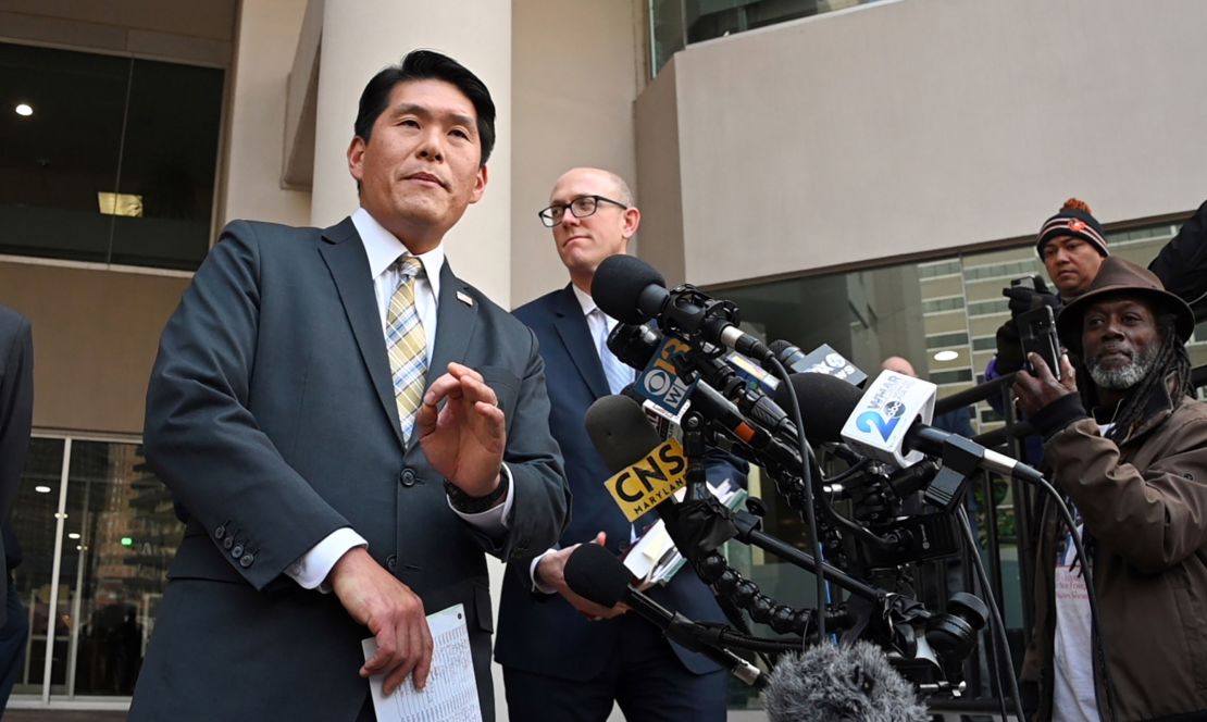 In this 2019 photo, US Attorney Robert Hur speaks to the press after former Baltimore mayor Catherine Pugh pleaded guilty to conspiracy and tax evasion in the "Healthy Holly" case.