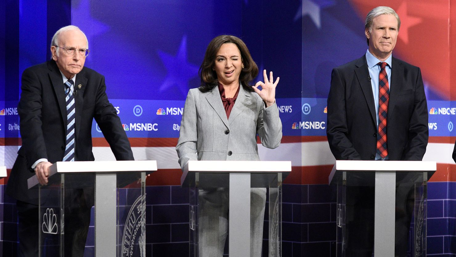 (From left) Larry David as Bernie Sanders, Maya Rudolph as Kamala Harris and Will Ferrell as Tom Steyer on 'Saturday Night Live' in 2019.