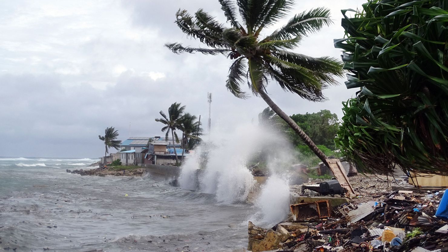 This picture taken on November 27, 2019 shows waves hitting the shore in Majuro, the capital city of the Marshall Islands.