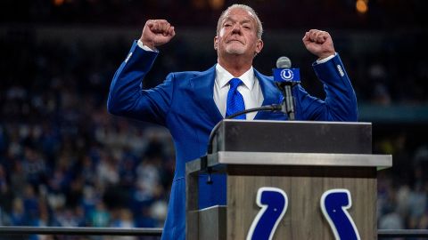 INDIANAPOLIS, IN - NOVEMBER 10: Indianapolis Colts owner Jim Irsay reacts to applause during Dwight Freeney"u2019s induction in the team"u2019s Ring of Honor during halftime of the game against the Miami Dolphins at Lucas Oil Stadium on November 10, 2019 in Indianapolis, Indiana. (Photo by Bobby Ellis/Getty Images)