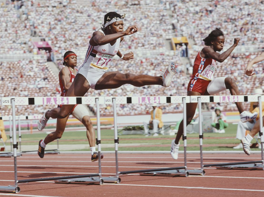 British hurdler Judy Simpson and American hurdler Jackie Joyner-Kersee at the 1984 Los Angeles Olympics.