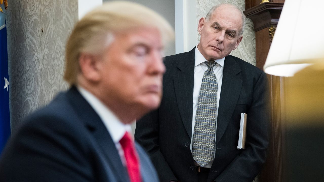 John Kelly watches as Donald Trump speaks during a meeting with North Korean defectors at the White House in Washington, DC, on February 2, 2018.