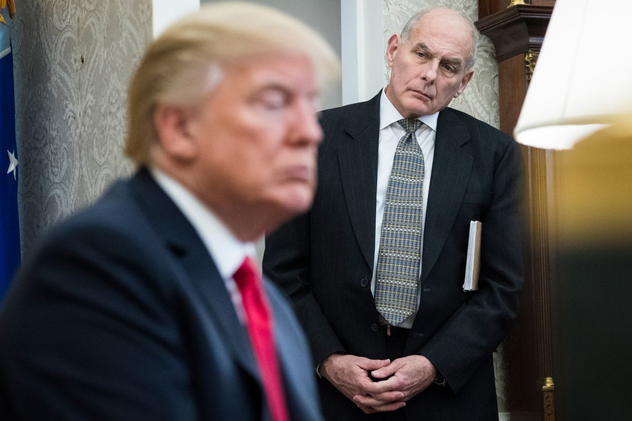 John Kelly watches as Donald Trump speaks during a meeting with North Korean defectors at the White House in Washington, DC, on February 2, 2018.